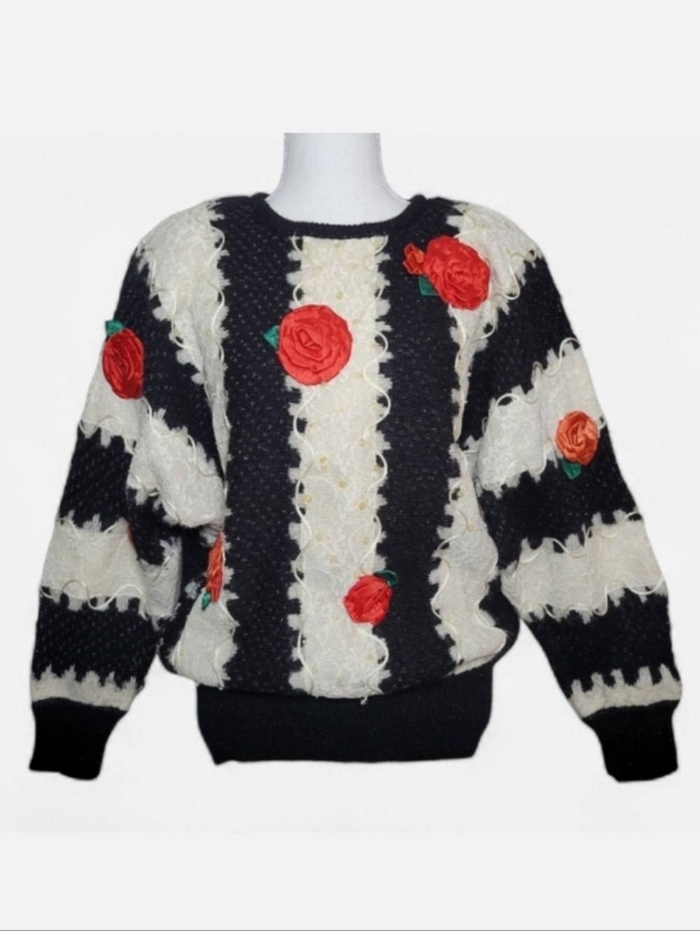 Vintage Mariea Kim Striped Harlequin & Rosette Rosebud Sweater Lace Sequin MD